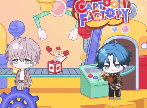two cartoon characters are standing in front of the cartoon factory
