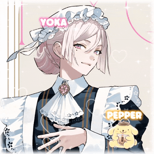 a girl in a maid outfit has the name pepper on her arm