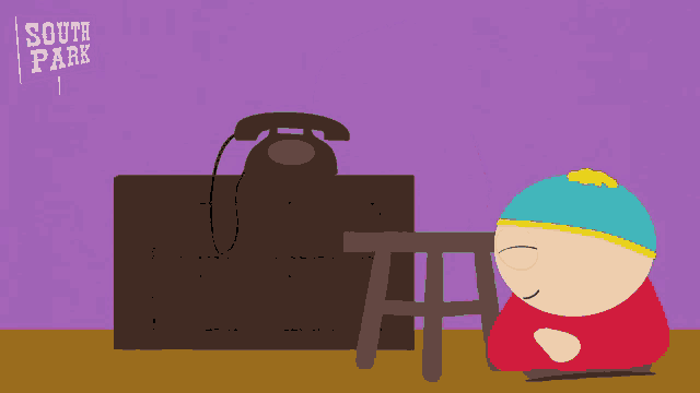 a cartoon character sitting on a stool talking on a phone with a south park sign in the background