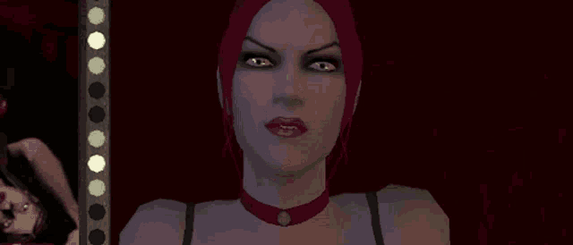 a woman with vampire teeth and a choker on her neck