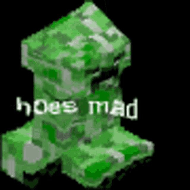 a pixel art of a creeper from minecraft with the words `` hoes mad '' written on it .