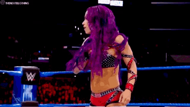 a woman with purple hair is standing in a wrestling ring with a crowd watching .