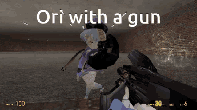 a video game with ori with a gun written on the screen