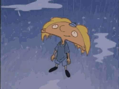 a cartoon character is standing in the rain with an umbrella in his hand .