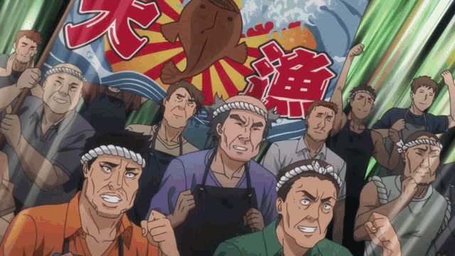 a group of men are standing in front of a banner that says ' fishing ' on it