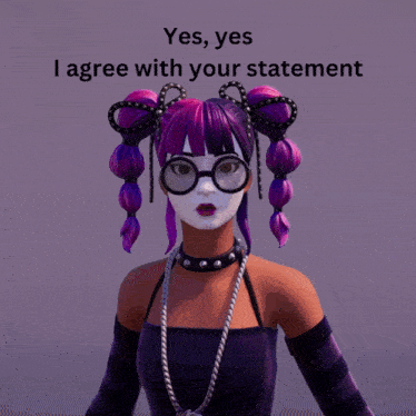 a girl with purple hair and glasses says yes