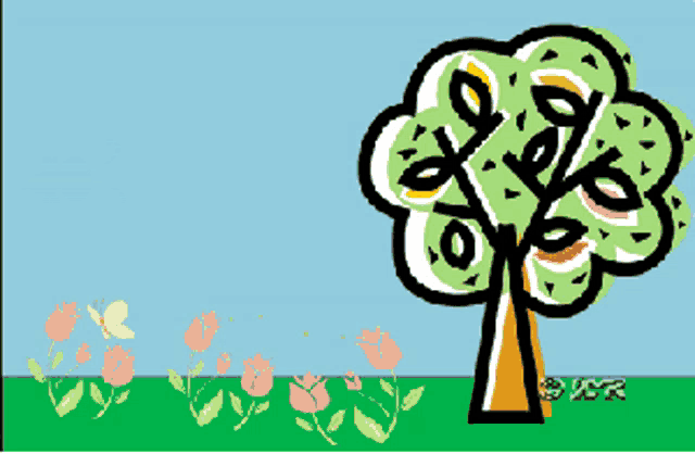 a cartoon drawing of a tree with a bee flying in front of it
