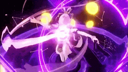 a cartoon character is surrounded by a purple and yellow glowing circle .