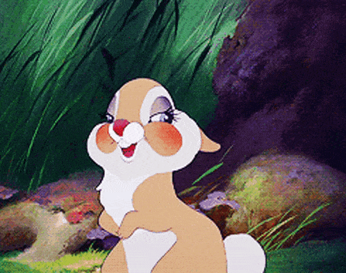 a cartoon rabbit is standing in the grass with a purple background