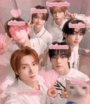 a group of young men posing for a picture with their names written in pink