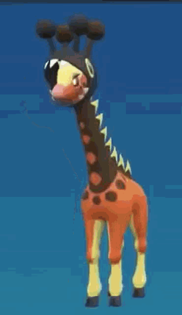 a stuffed giraffe is wearing a hat and standing on a blue background .