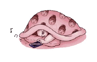a pixel art illustration of a person laying under a pink blanket with a cell phone .