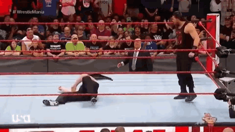 a wrestler is standing in the middle of a wrestling ring while another wrestler is laying on the ground .