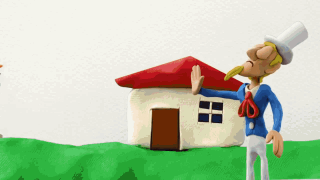 a cartoon man in a top hat is standing in front of a house