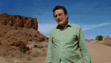 a man in a green shirt stands on a dirt road in the desert