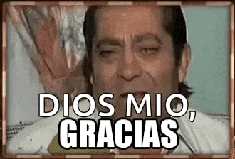 a man is making a face and saying `` dios mio , gracias '' .