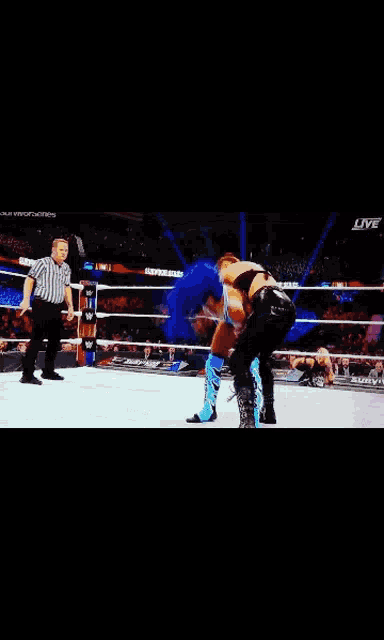 a blurry picture of a wrestling match with a referee in the corner