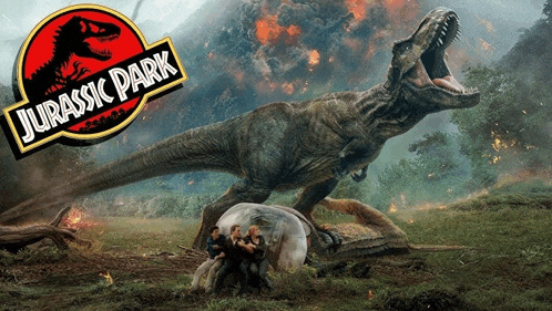 a poster for jurassic park features a t-rex