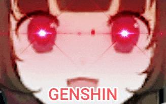 a close up of a girl 's face with red eyes and the word genshin written in red .
