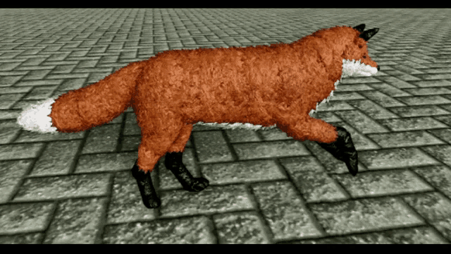 a red fox is walking on a brick pavement