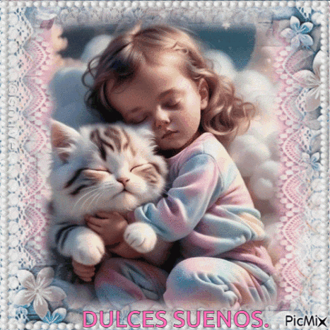 a picture of a little girl hugging a cat with the words dulces suenos on the bottom