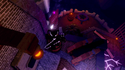 a cartoon character is standing in a dark room with a purple object in the background