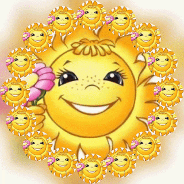 a smiley face is surrounded by other smiley faces and one of them is holding a flower
