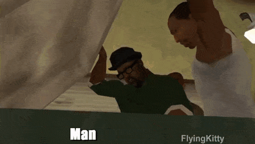 a man in a hat and glasses says man fuck in a video game scene
