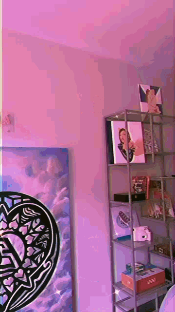 a shelf in a room with a painting on the wall and a box that says nintendo on it