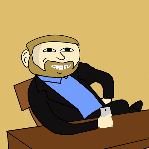 a cartoon of a man with a beard is sitting at a table holding a cell phone