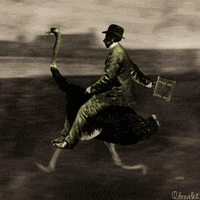 a man is riding an ostrich with a briefcase in his hand