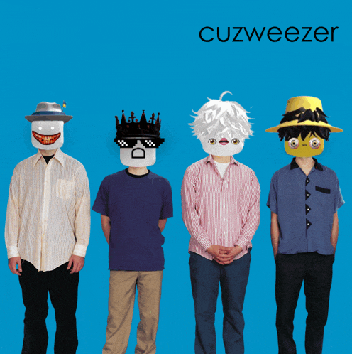 four men with masks on their faces are standing in front of a blue background with the word cuzweezer on it