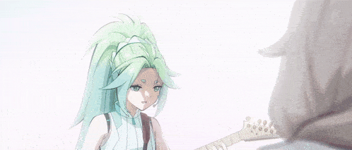 a girl with long green hair is holding a guitar