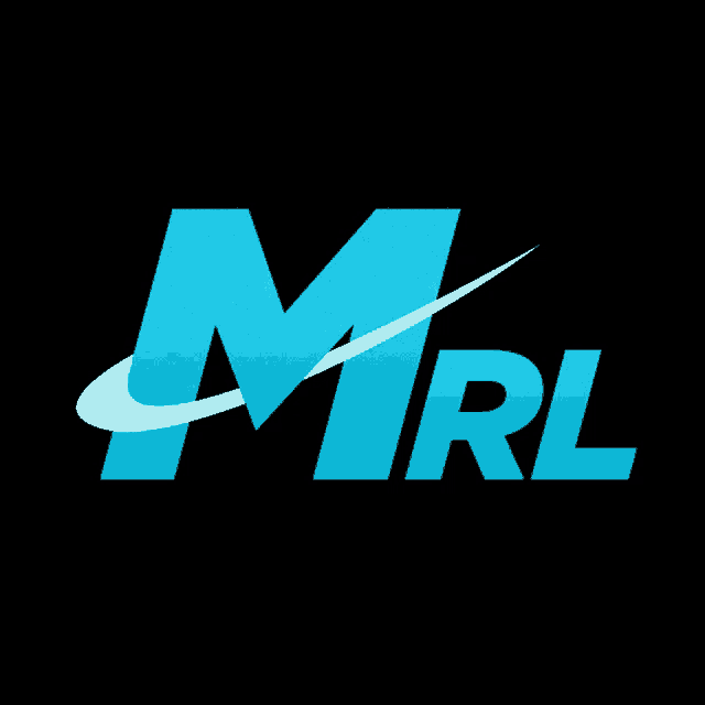 a blue mrl logo with a white swoosh around it