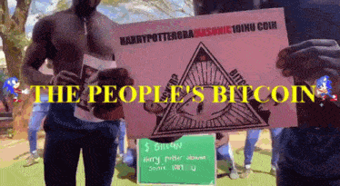 a shirtless man holds up a sign that says the people 's bitcoin