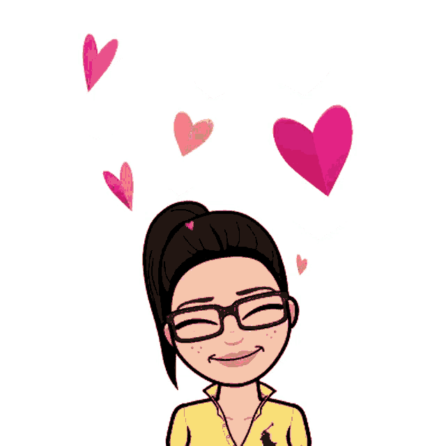 a cartoon woman wearing glasses and a yellow polo shirt is surrounded by paper hearts
