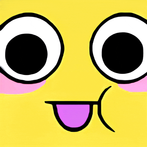 a cartoon face with big eyes and a pink tongue sticking out