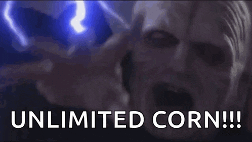 a close up of a man holding a lightning bolt and saying `` unlimited corn !!! ''