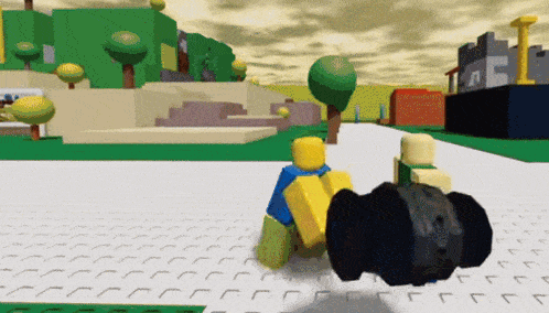 a cartoon character is playing a video game with a black object in the background