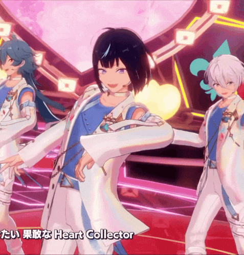 a group of anime characters are dancing in front of a heart and the word heart collector is on the bottom
