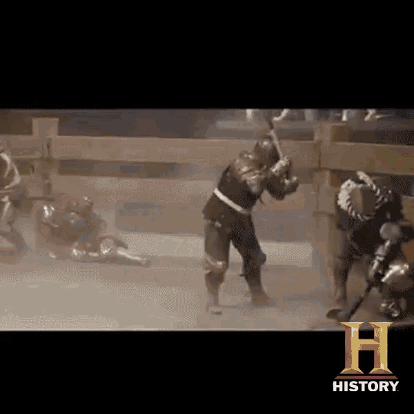 a group of knights are fighting in a ring and the letters h are on the bottom of the screen