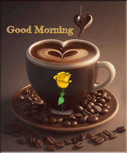 a cup of coffee with a yellow rose on a saucer and the words good morning on the bottom