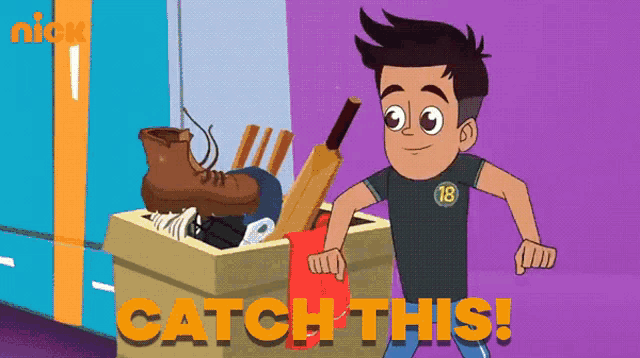 a cartoon of a boy with the number 18 on his shirt running towards a box full of things