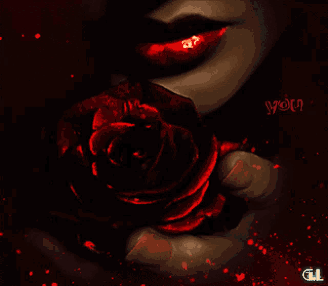 a woman with red lips is holding a red rose and the word you is visible