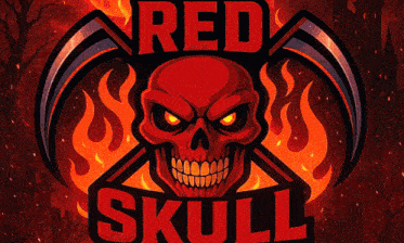 a red skull with a scythe and the words red skull below it