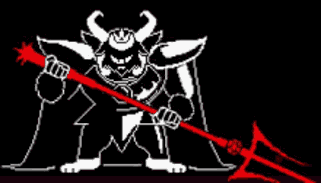 a black and white drawing of a demon holding a red sword .