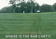 a golf cart is driving down a path with the words `` where is the bar cart ! ''