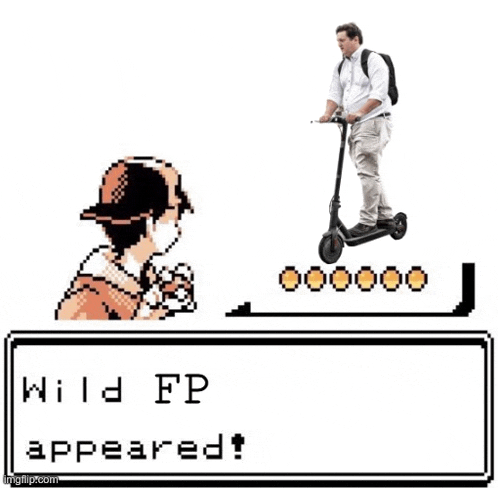 a pixel art of a man riding a scooter next to a pokemon .