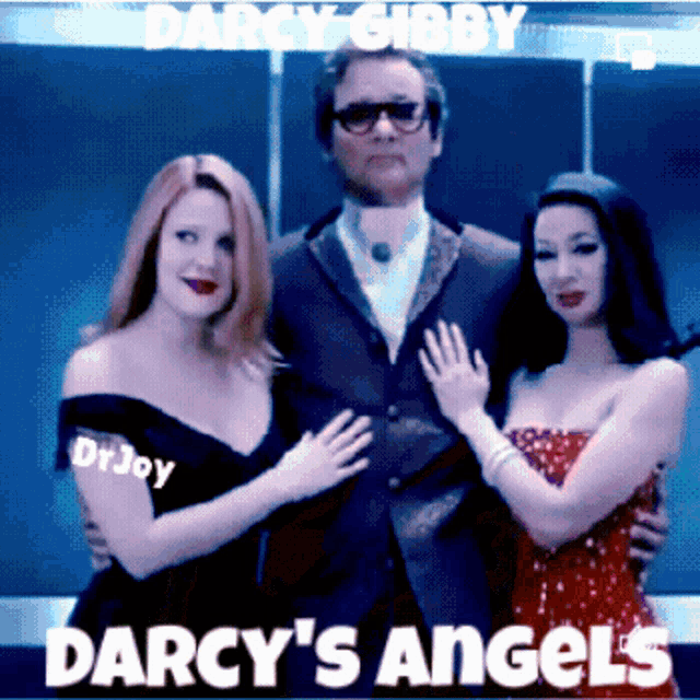 a poster for darcy gibby darcy 's angels shows two women hugging a man in a suit