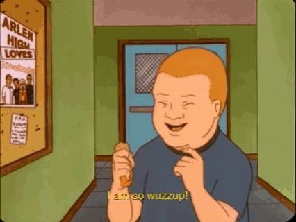 a cartoon character from the king of the hill is eating a sandwich and smiling .